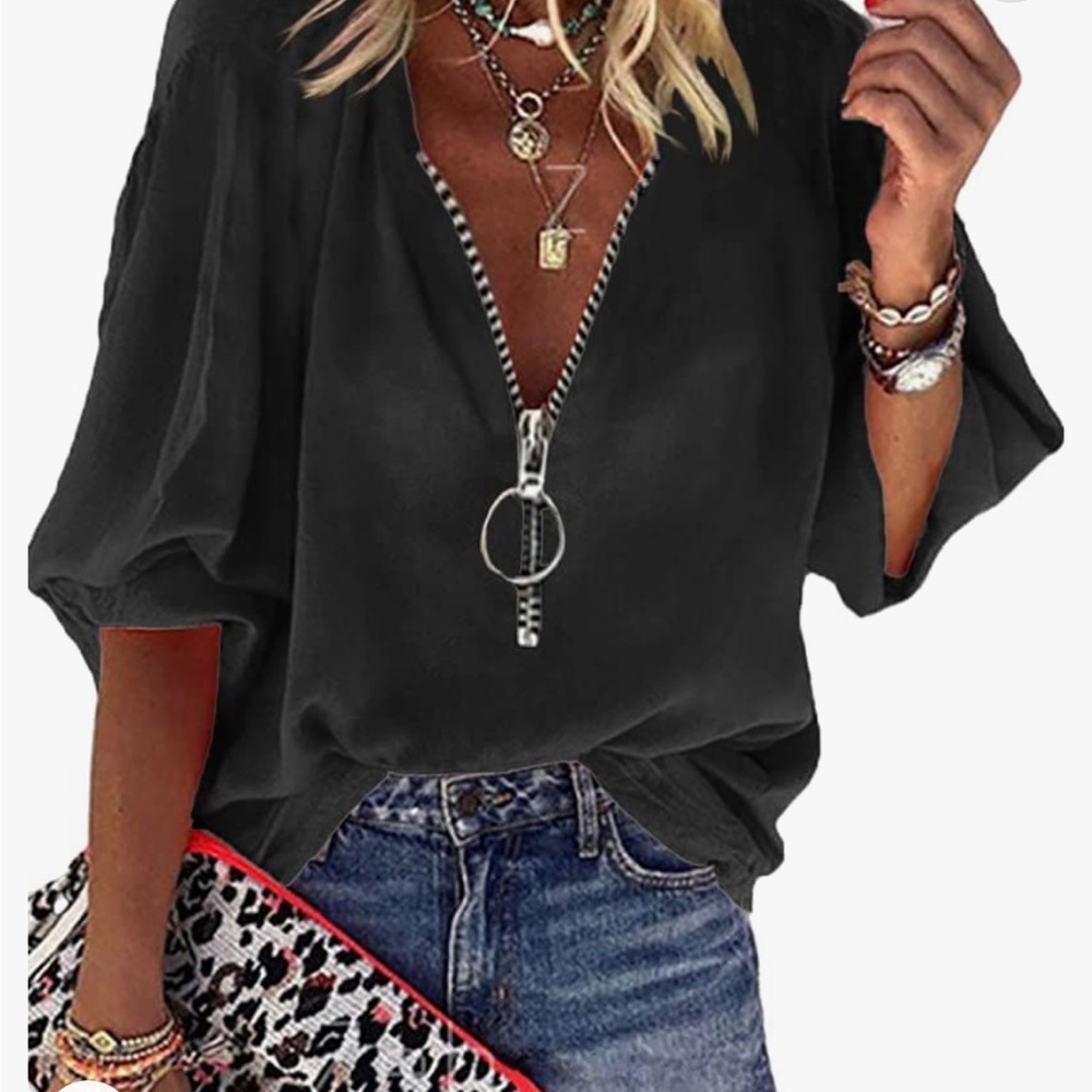 Cnkwei Womens V-Neck Lantern Sleeve Blouse Zipper Design Loose Casual Top Shirts